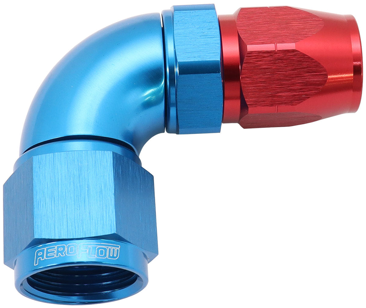 550 Series Cutter Style One Piece Swivel 90° Stepped Hose End -10AN to -8 Hose    Blue/Red Finish. Suits 100 & 450 Series Hose