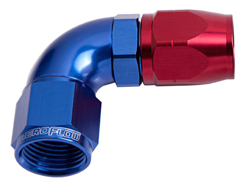 550 Series Cutter One-Piece Full Flow Swivel 90° Hose End -10AN   Blue/Red Finish. Suits 100 & 450 Series Hose