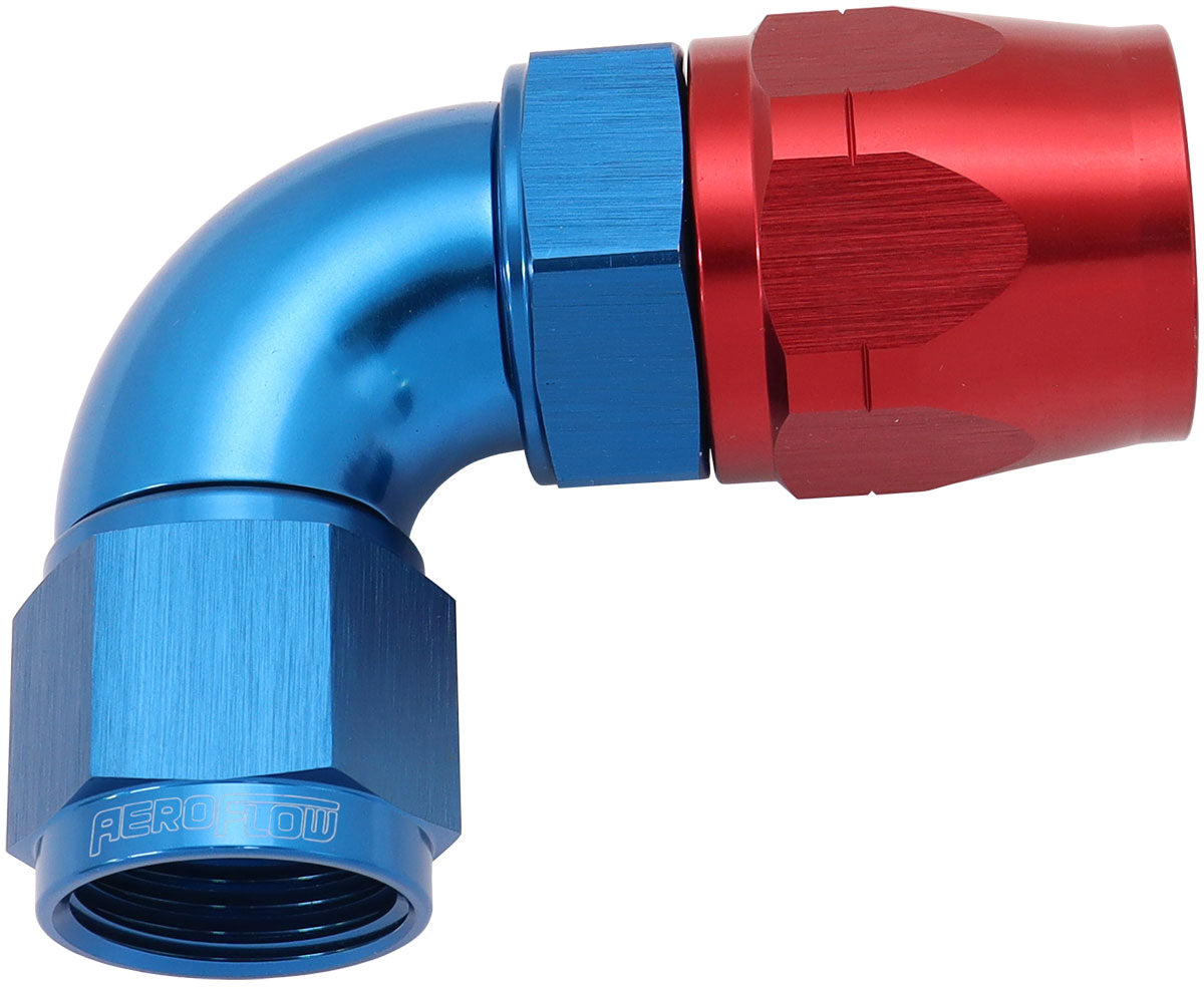 550 Series Cutter Style One Piece Swivel 90° Stepped Hose End -10AN to -12 Hose   Blue/Red Finish. Suits 100 & 450 Series Hose