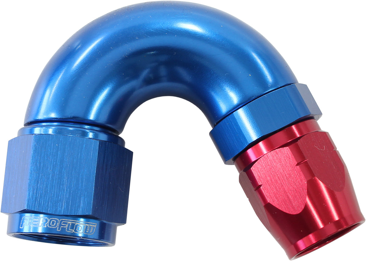 550 Series Cutter Style One Piece Swivel 150° Stepped Hose End -8AN to -6 Hose   Blue/Red Finish. Suits 100 & 450 Series Hose
