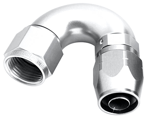 550 Series Cutter One-Piece Full Flow Swivel 150° Hose End -8AN   Silver Finish. Suits 100 & 450 Series Hose