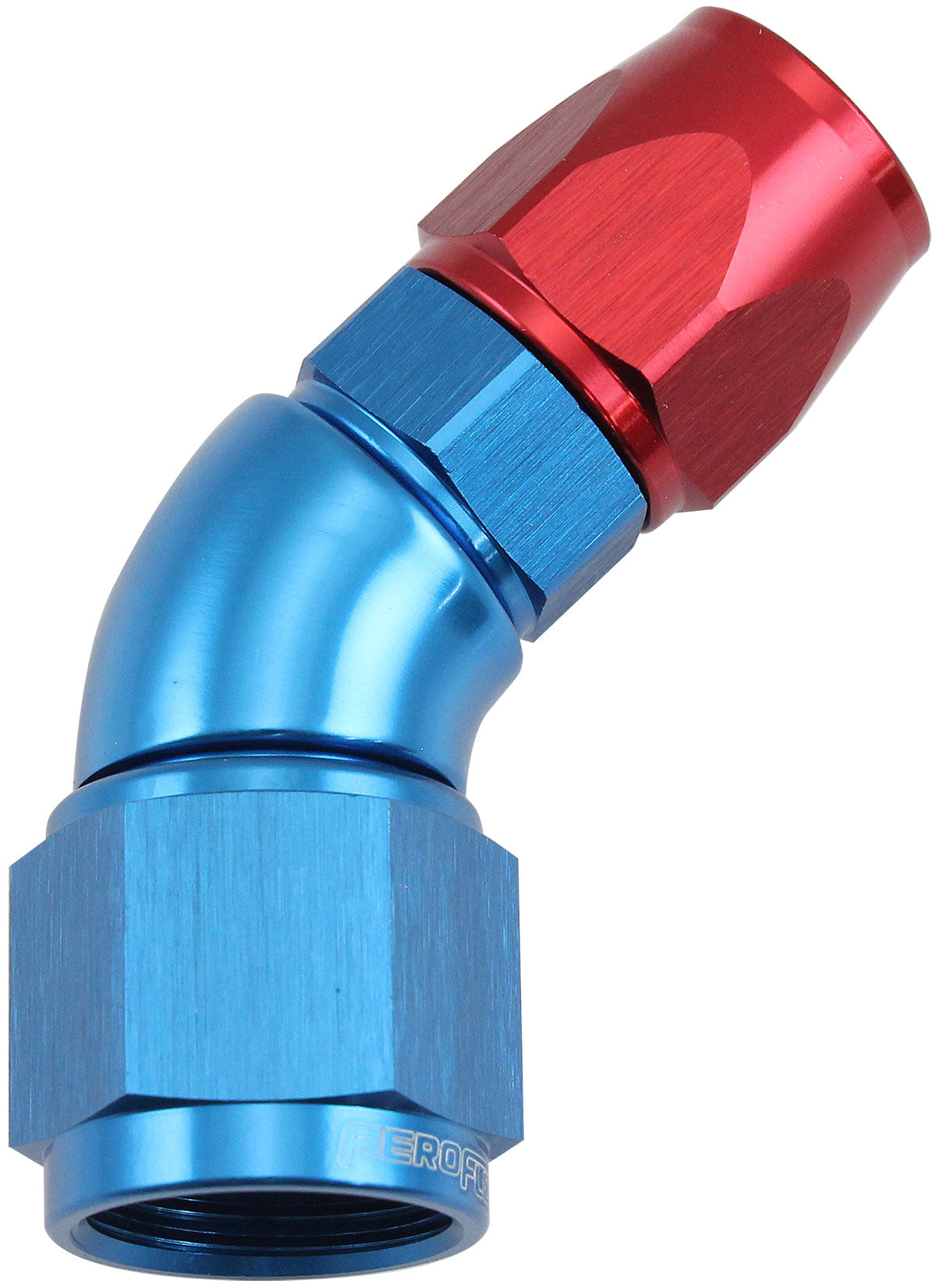 200 Series Teflon Style One Piece 45 Degree Stepped Hose End -6AN to -8 Hose   Blue/Red Finish, Suits 200 & 250 Series Hose