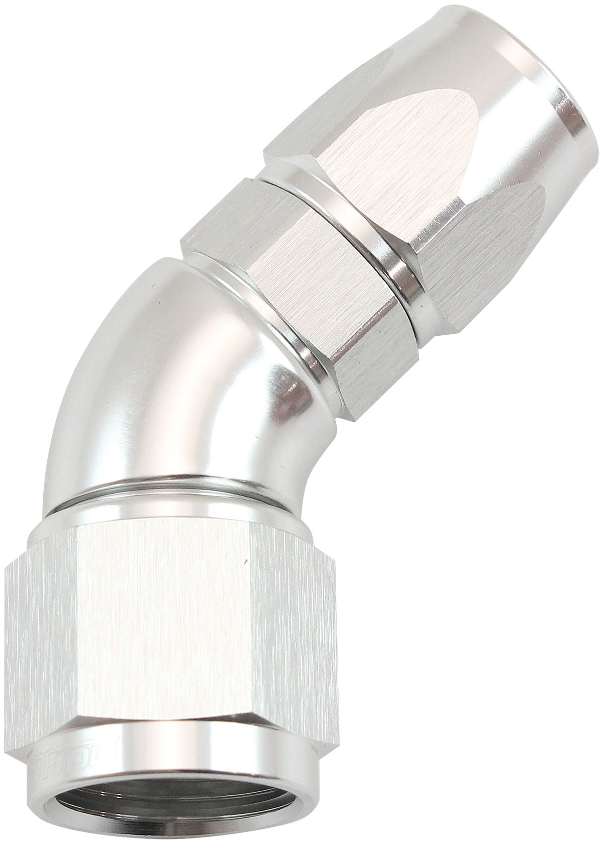 200 Series Teflon Style One Piece 45 Degree Stepped Hose End -6AN to -8 Hose   Silver Finish. Suits 200 & 250 Series Hose