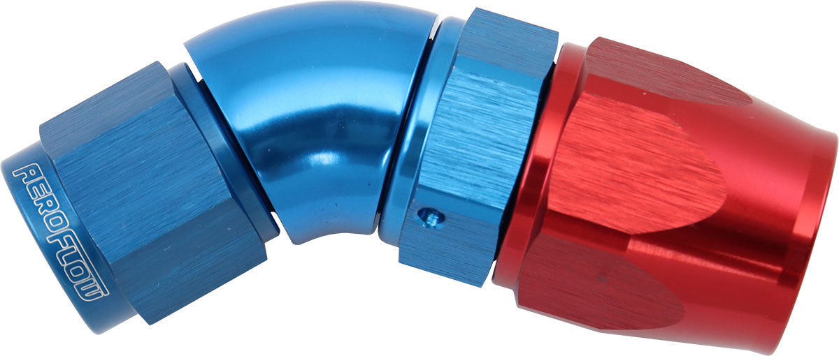 200 Series Teflon Style One Piece 45 Degree Stepped Hose End -6AN to -8 Hose   Blue/Red Finish. Suits 200 & 250 Series Hose