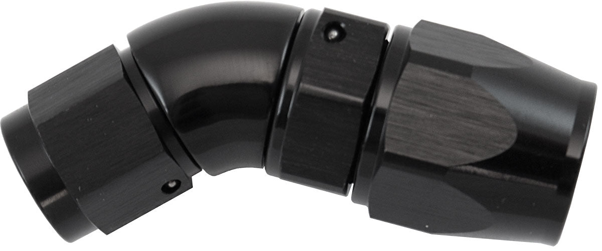 200 Series Teflon Style One Piece 45 Degree Stepped Hose End -6AN to -8 Hose   Black Finish. Suits 200 & 250 Series Hose