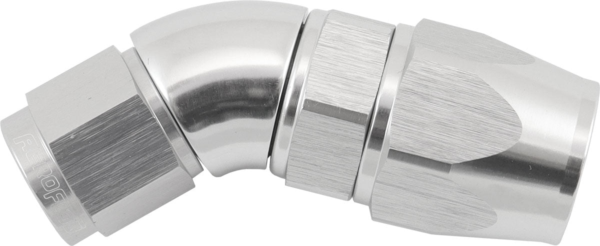 200 Series Teflon Style One Piece 45 Degree Stepped Hose End -6AN to -8 Hose   Silver Finish. Suits 200 & 250 Series Hose