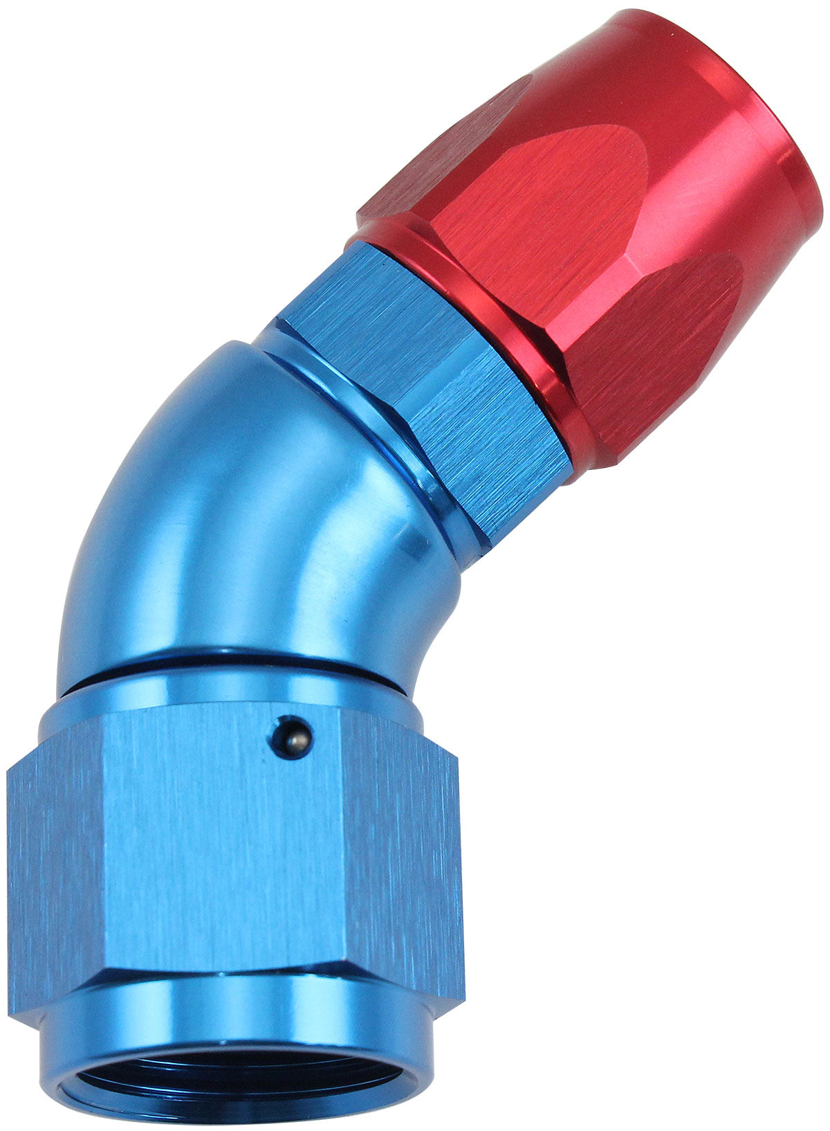200 Series Teflon Style One Piece 45 Degree Stepped Hose End -8AN to -10 Hose   Blue/Red Finish, Suits 200 & 250 Series Hose