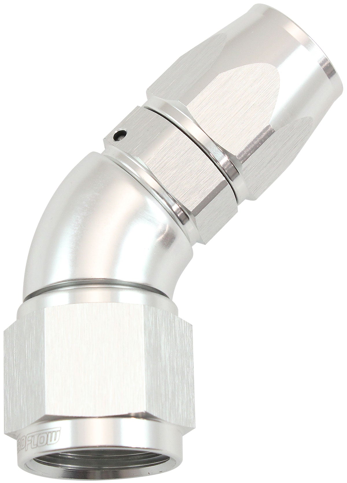 200 Series Teflon Style One Piece 45 Degree Stepped Hose End -8AN to -10 Hose   Silver Finish, Suits 200 & 250 Series Hose