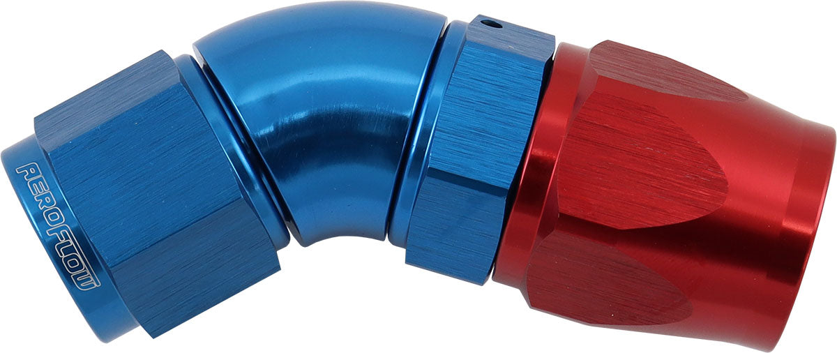 200 Series Teflon Style One Piece 45 Degree Stepped Hose End -8AN to -10 Hose   Blue/Red Finish. Suits 200 & 250 Series Hose