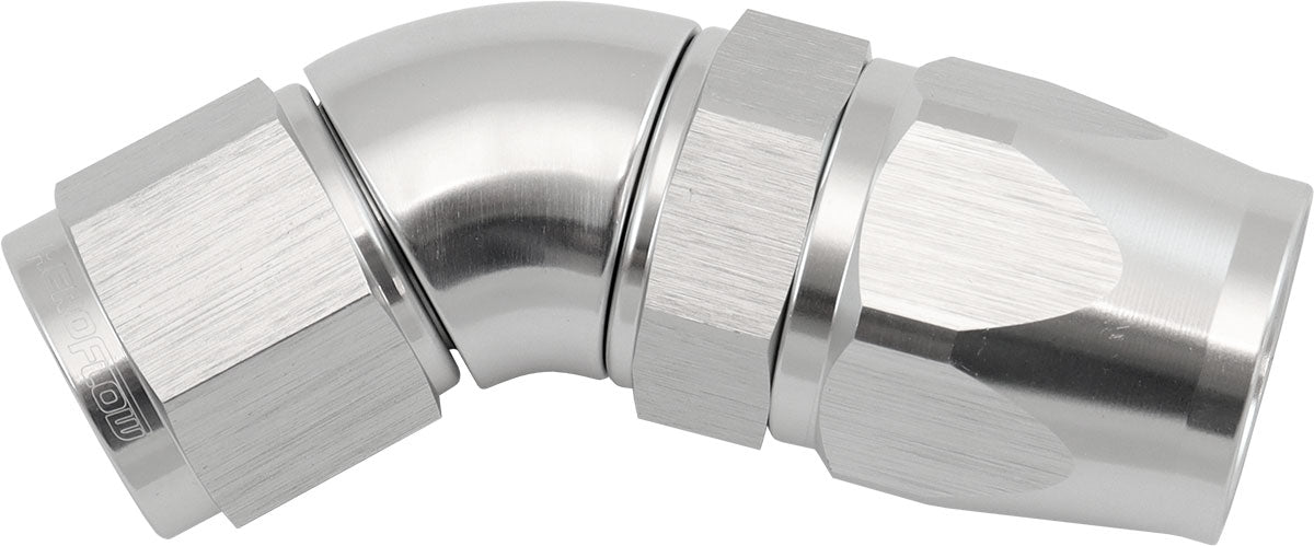 200 Series Teflon Style One Piece 45 Degree Stepped Hose End -8AN to -10 Hose   Silver Finish. Suits 200 & 250 Series Hose