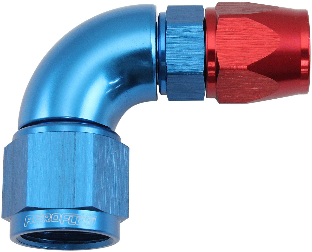 Aeroflow 200 Series Teflon Style One Piece 90 Degree Stepped Hose End -8AN to -6 Hose   Blue/Red Finish, Suits 200 & 250 Series Hose
