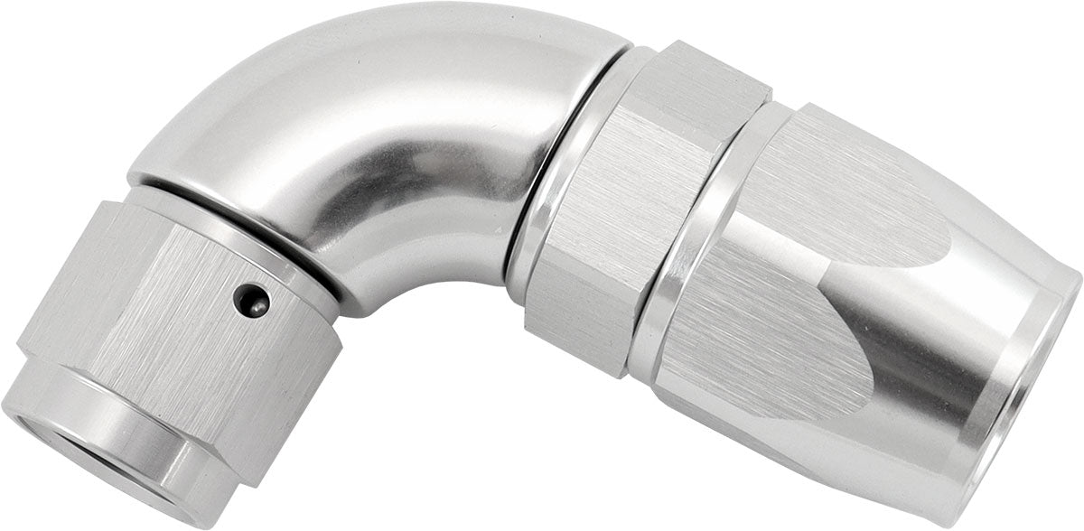 Aeroflow 200 Series Teflon Style One Piece 90 Degree Stepped Hose End -6AN to -8 Hose   Silver Finish, Suits 200 & 250 Series Hose