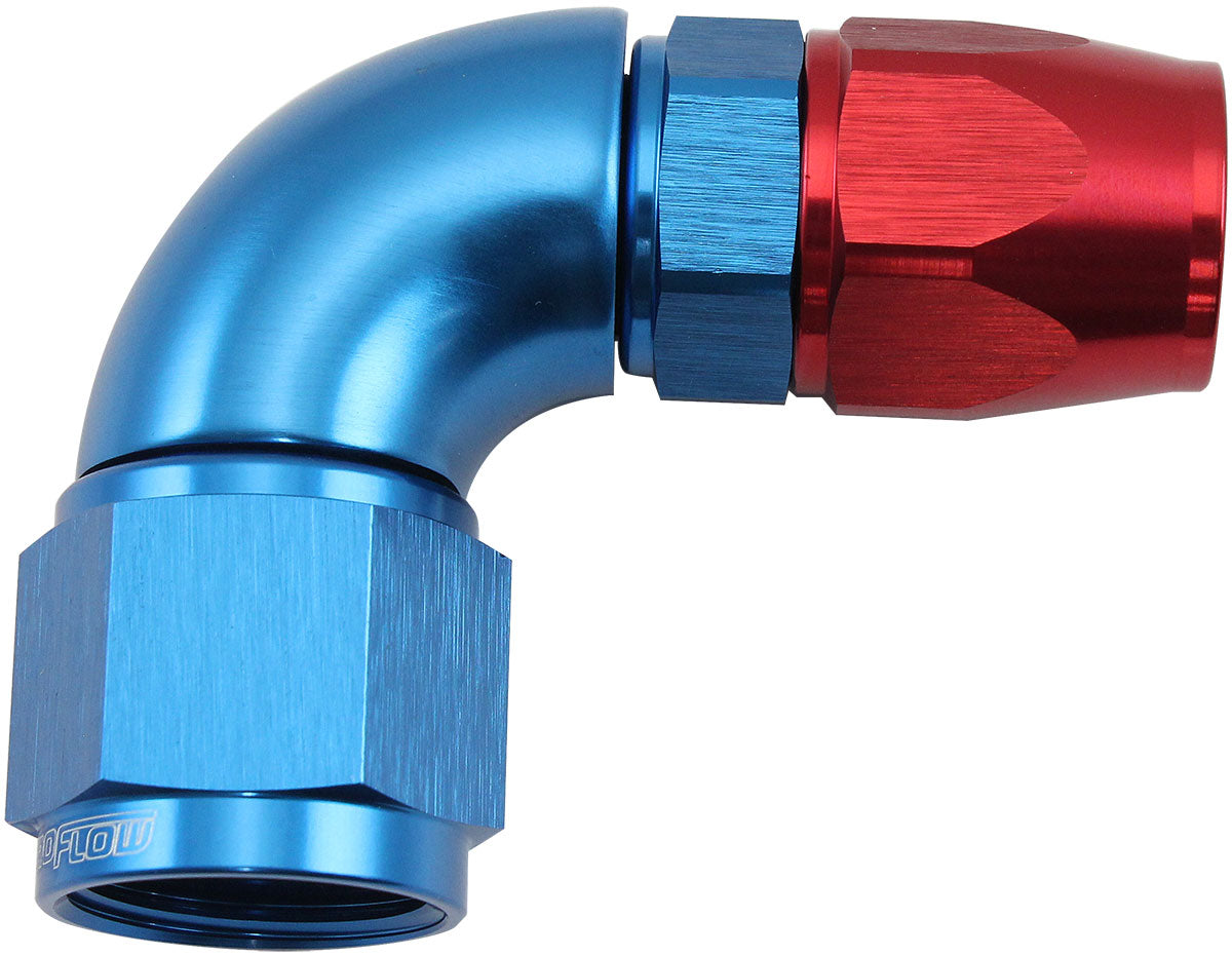 Aeroflow 200 Series Teflon Style One Piece 90 Degree Stepped Hose End -10AN to -8 Hose   Blue/Red Finish, Suits 200 & 250 Series Hose
