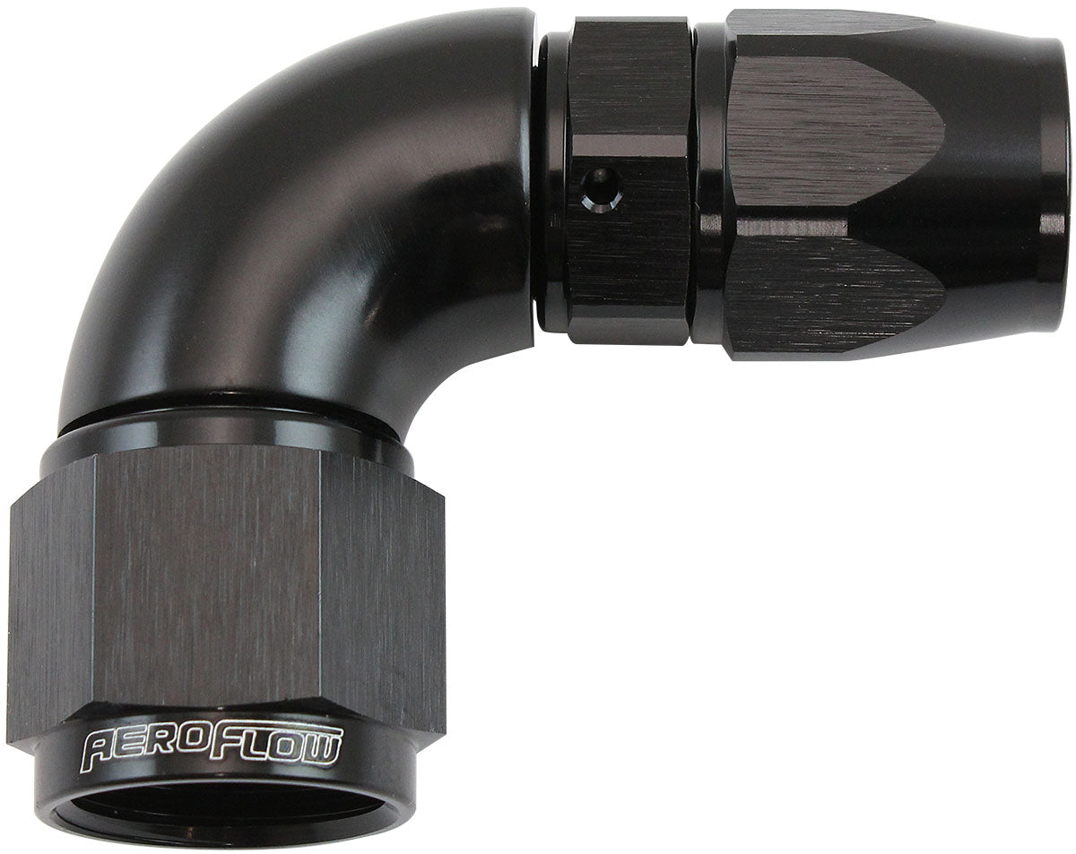 Aeroflow 200 Series Teflon Style One Piece 90 Degree Stepped Hose End -8AN to -10 Hose   Black Finish. Suits 200 & 250 Series Hose