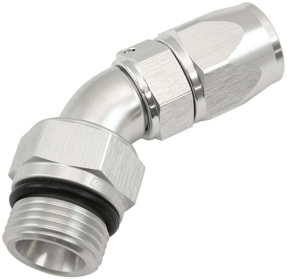 Aeroflow ORB Taper Swivel 45° Hose End -8 ORB to -6AN  Silver Finish. Suit 200 & 250 Series Hose