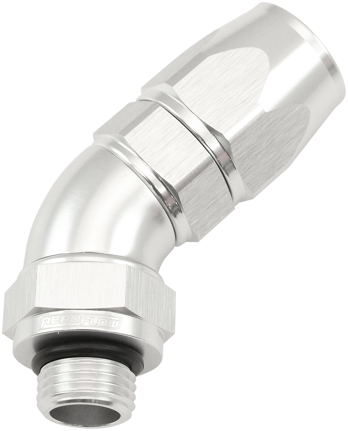 Aeroflow ORB Taper Swivel 45° Hose End -6 ORB to -6AN  Silver Finish. Suit 200 & 250 Series Hose