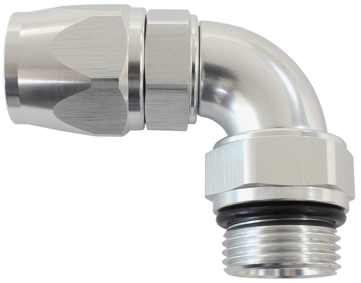 Aeroflow 90Â° ORB Male Swivel PTFE (TeflonÂ®) Hose End -6 ORB to -6AN   Silver Finish