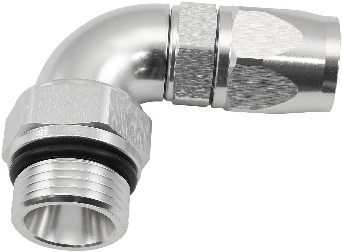 Aeroflow 90Â° ORB Male Swivel PTFE (TeflonÂ®) Hose End -8 ORB to -6AN   Silver Finish