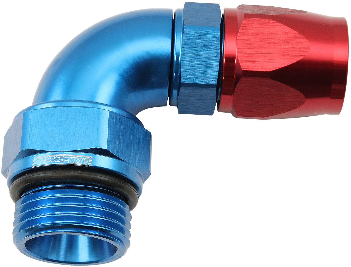Aeroflow 90Â° ORB Male Swivel PTFE (TeflonÂ®) Hose End -6 ORB to -8AN   Blue/Red Finish