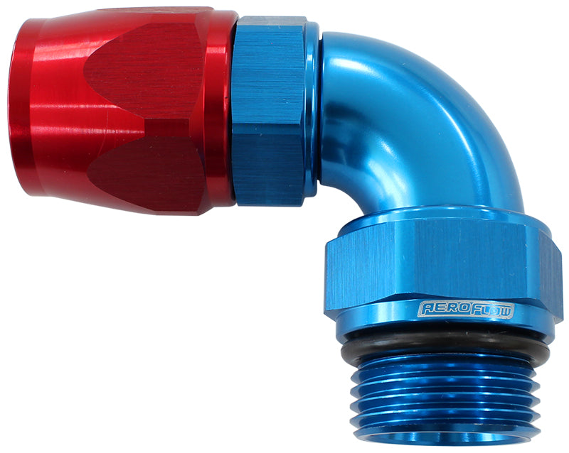 Aeroflow 90Â° ORB Male Swivel PTFE (TeflonÂ®) Hose End -10 ORB to -10AN   Blue/Red Finish