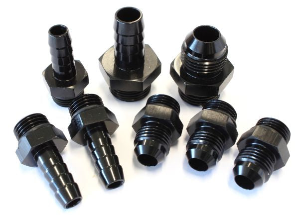 Replacement Surge Tank Fittings in Black Finish   -6 ORB to -6AN x 3, -8 ORB to -8AN, -6 ORB to 3/8" barb x 3, -8 ORB to -8AN barb