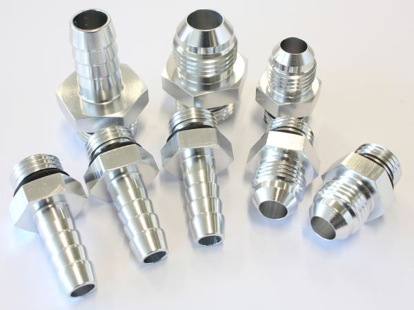 Replacement Surge Tank Fittings in Silver Finish   -6 ORB to -6AN x 3, -8 ORB to -8AN, -6 ORB to 3/8" barb x 3, -8 ORB to -8AN barb