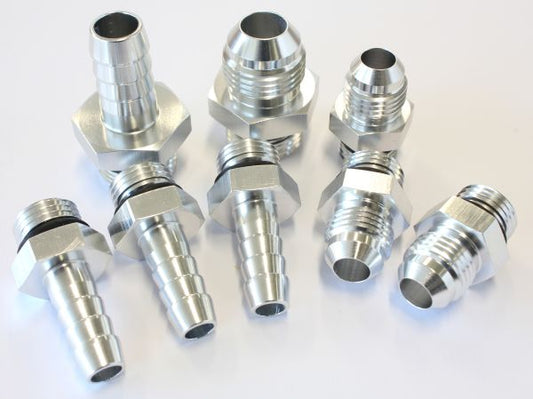 Replacement Surge Tank Fittings in Silver Finish   -6 ORB to -6AN x 3, -8 ORB to -8AN, -6 ORB to 3/8" barb x 3, -8 ORB to -8AN barb