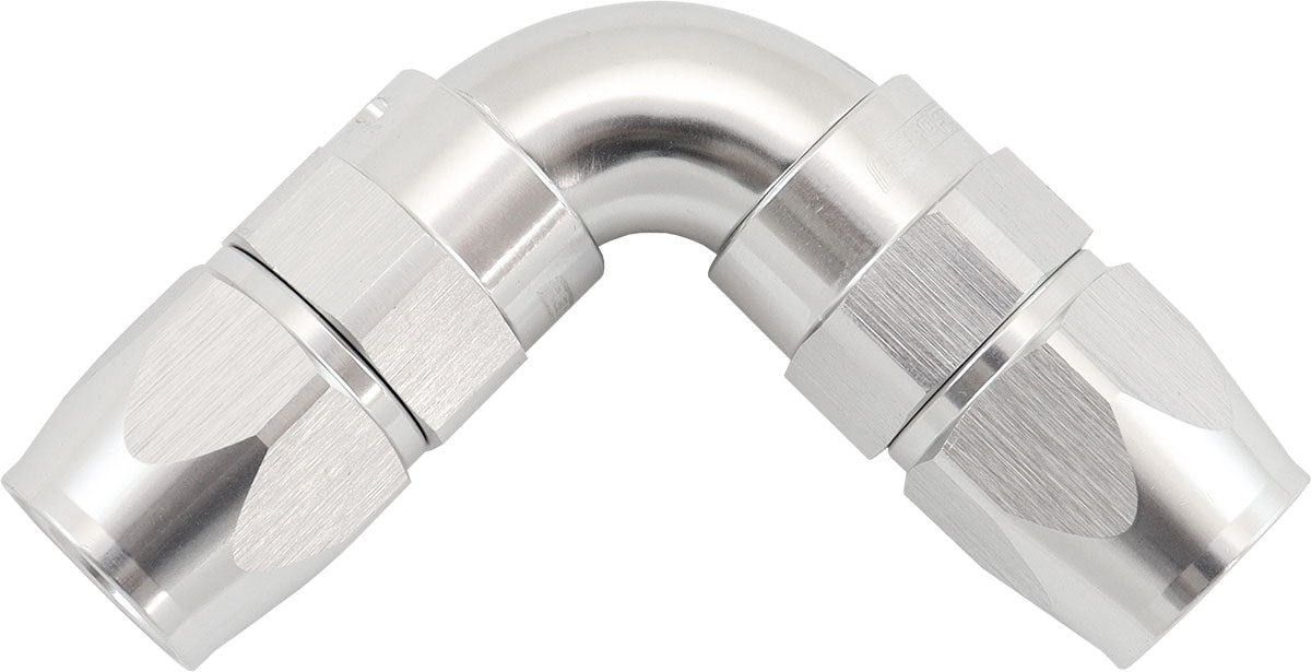590 Series PTFE 90Â° Dual Hose Ends -6AN   Silver Finish. Suits 200 & 250 Series Hose