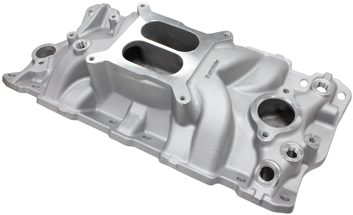 Aeroflow Small Block Chev Street Dual Plane Intake Manifold, Natural Cast Finish   1500 - 6500 RPM, Square Bore Carburettor Pad, Non-EGR