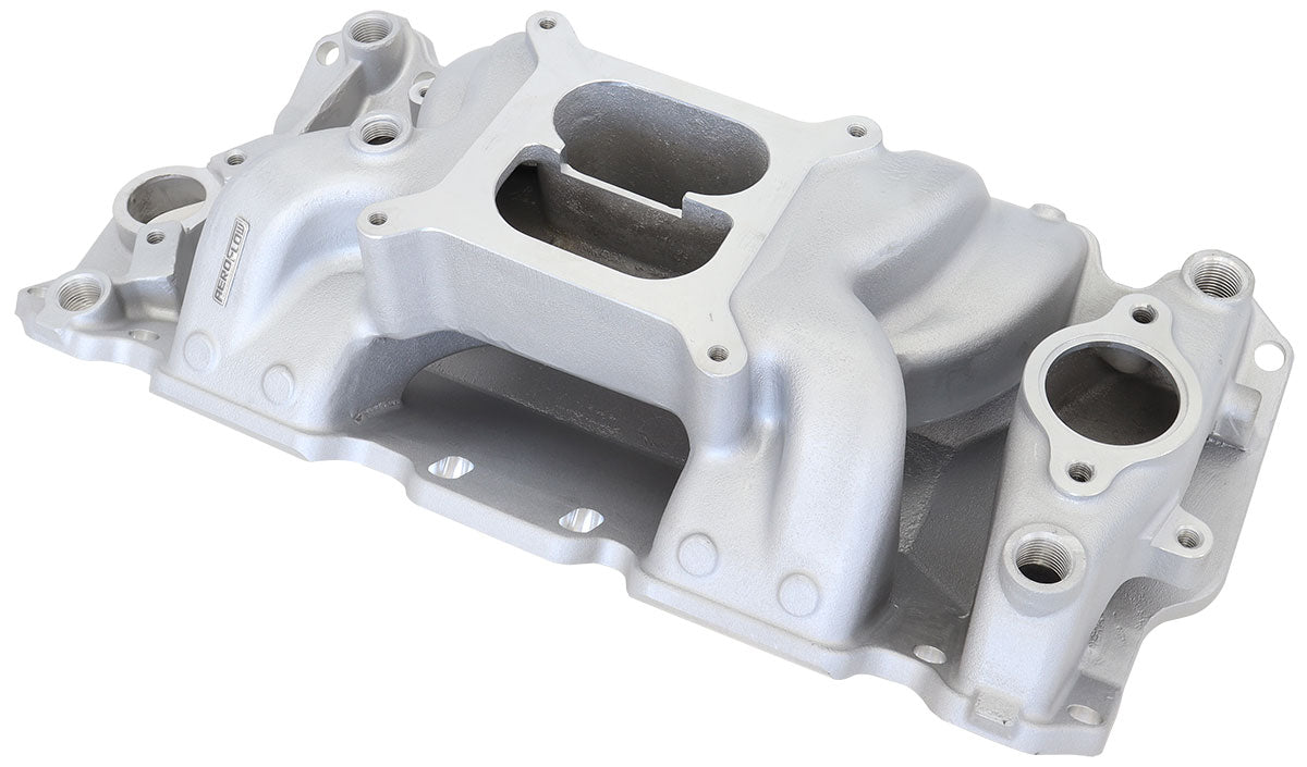 Small Block Chev Air Gap Dual Plane Intake Manifold, Natural Cast Finish   1500 - 6500 RPM, Square Bore Carburettor Pad, Non-EGR