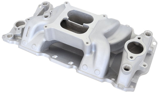 Small Block Chev Air Gap Dual Plane Intake Manifold, Natural Cast Finish   1500 - 6500 RPM, Square Bore Carburettor Pad, Non-EGR