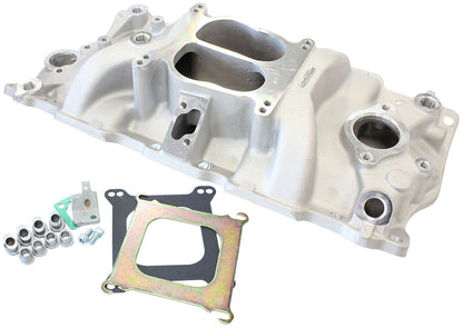 Aeroflow SB Chev Classic Dual Plane Intake Manifold, Natural Cast Finish   Idle - 5500 RPM, Spread Bore Carburettor Pad, EGR Model