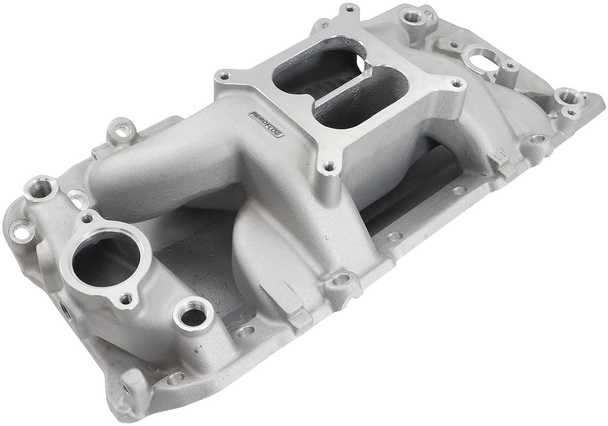 BB Chev Air Gap Dual Plane Intake Manifold, NaturalCast Finish   1500 - 6500 RPM, Square Bore Carburettor Pad, Non-EGR