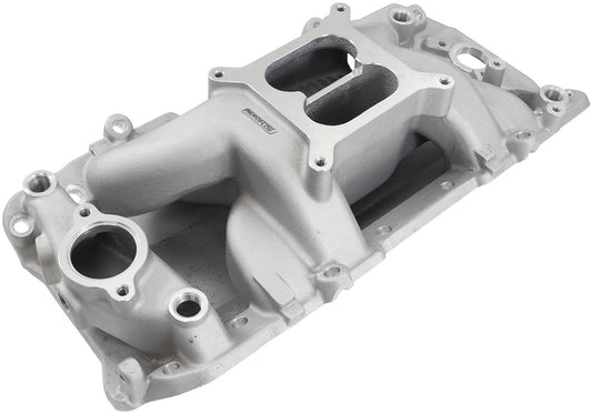 BB Chev Air Gap Dual Plane Intake Manifold, NaturalCast Finish   1500 - 6500 RPM, Square Bore Carburettor Pad, Non-EGR