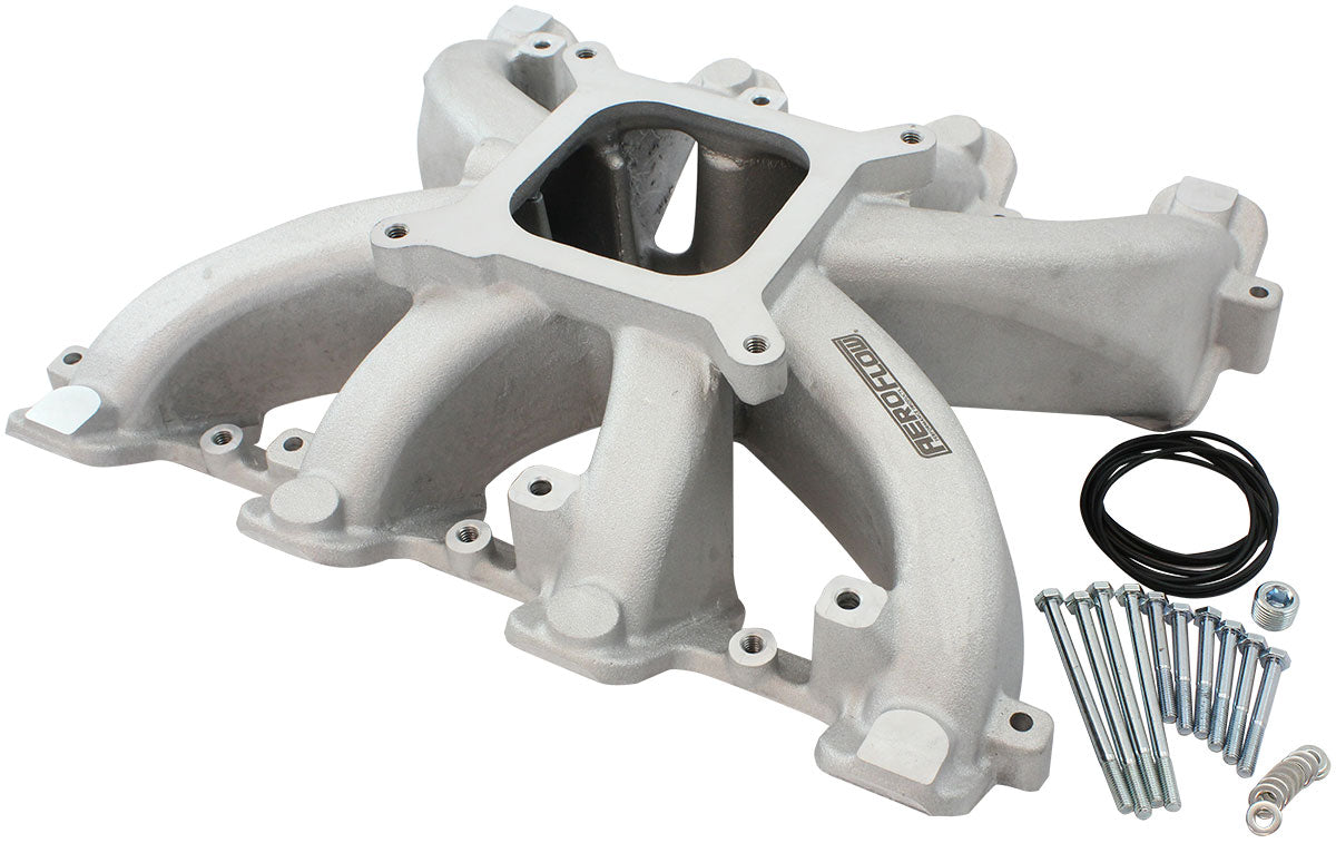 GM LS Cathedral Port Carburettor Street Single Plane Non-EFI Intake Manifold,Natural Cast Finish   4 Barrell 4150 Square Bore Carburettor Pad