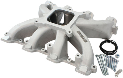 GM LS Cathedral Port Carburettor Street Single Plane Non-EFI Intake Manifold,Natural Cast Finish   4 Barrell 4150 Square Bore Carburettor Pad