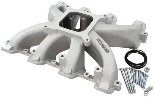 GM LS Cathedral Port Carburettor Street Single Plane Non-EFI Intake Manifold,Natural Cast Finish   4 Barrell 4150 Square Bore Carburettor Pad