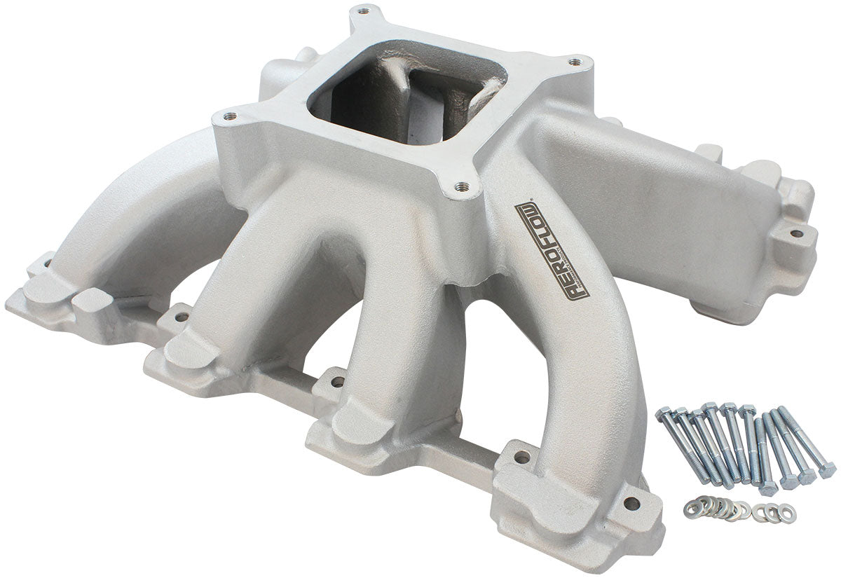 GM LS Cathedral Port Carburettor Hi Rise Single Plane Non-EFI Intake Manifold,Natural Cast Finish   4 Barrell 4150 Square Bore Carburettor Pad
