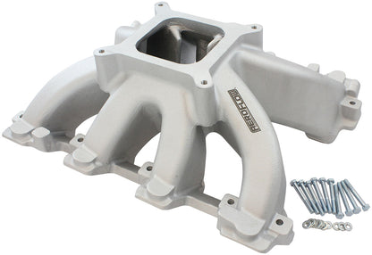 GM LS Cathedral Port Carburettor Hi Rise Single Plane Non-EFI Intake Manifold,Natural Cast Finish   4 Barrell 4150 Square Bore Carburettor Pad