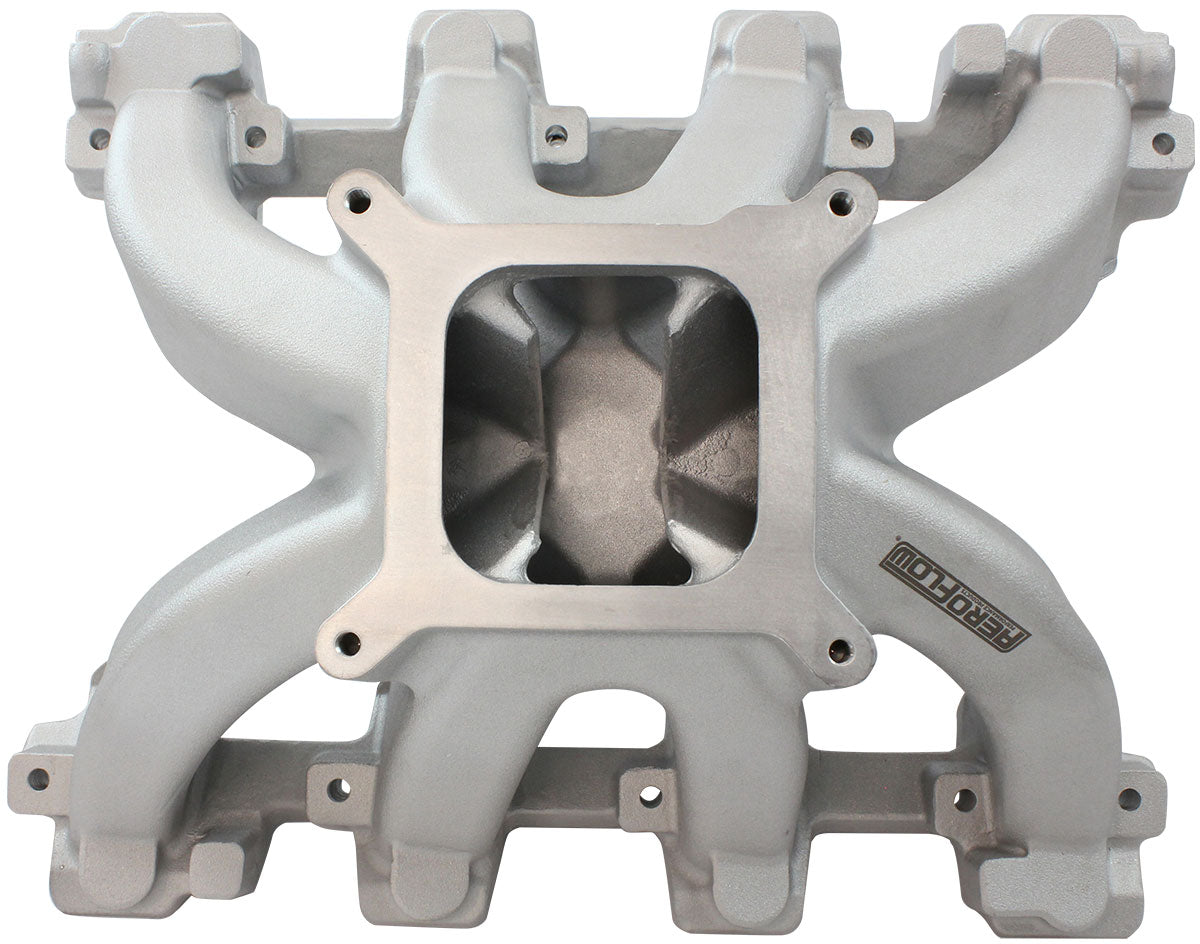 GM LS Cathedral Port Carburettor Hi Rise Single Plane Non-EFI Intake Manifold,Natural Cast Finish   4 Barrell 4150 Square Bore Carburettor Pad