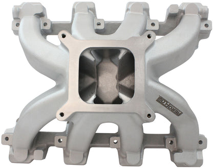 GM LS Cathedral Port Carburettor Hi Rise Single Plane Non-EFI Intake Manifold,Natural Cast Finish   4 Barrell 4150 Square Bore Carburettor Pad