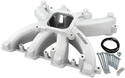 Aeroflow GM LS Rectangle Port Carburettor Street Single Plane Non-EFI Intake Manifold, Natural Cast Finish   4 Barrell 4150 Square Bore Carburettor Pad