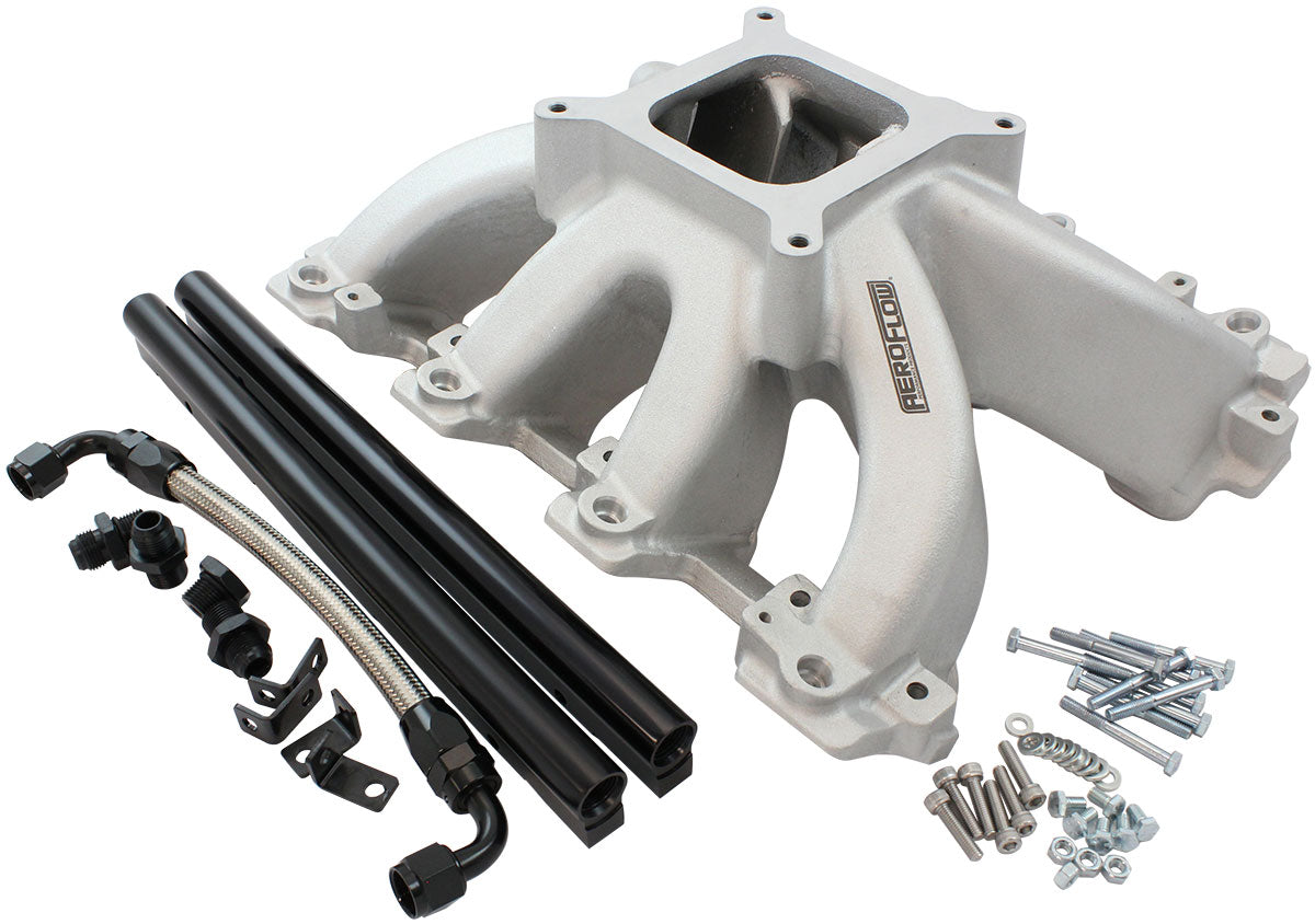 Aeroflow GM LS Cathedral Port Carburettor Hi Rise Race Single Plane EFI Intake Manifold, Natural Cast Finish   4 Barrell 4150 Square Bore Carburettor Pad