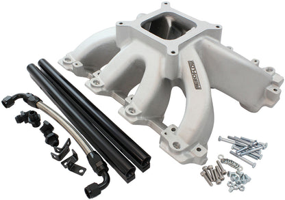 Aeroflow GM LS Cathedral Port Carburettor Hi Rise Race Single Plane EFI Intake Manifold, Natural Cast Finish   4 Barrell 4150 Square Bore Carburettor Pad