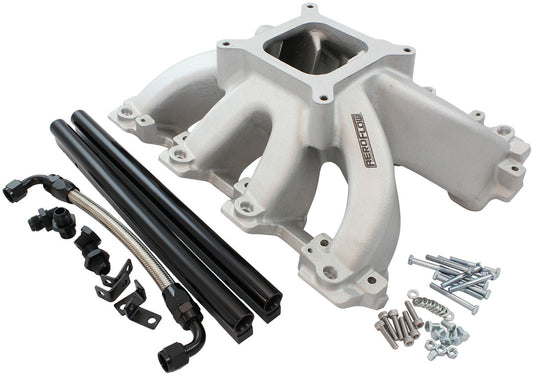 Aeroflow GM LS Cathedral Port Carburettor Hi Rise Race Single Plane EFI Intake Manifold, Natural Cast Finish   4 Barrell 4150 Square Bore Carburettor Pad