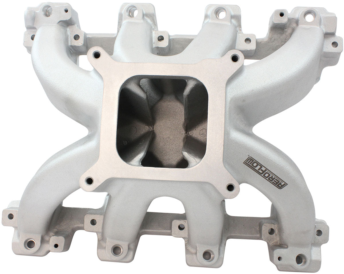 Aeroflow GM LS Cathedral Port Carburettor Hi Rise Race Single Plane EFI Intake Manifold, Natural Cast Finish   4 Barrell 4150 Square Bore Carburettor Pad
