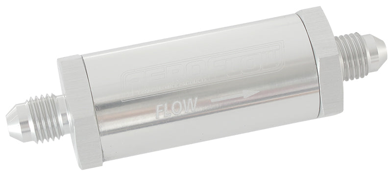 Long Inline Fuel & Oil Filter -3AN   Silver Finish. Includes 30 Micron Element, 3" Long, 1" O.D