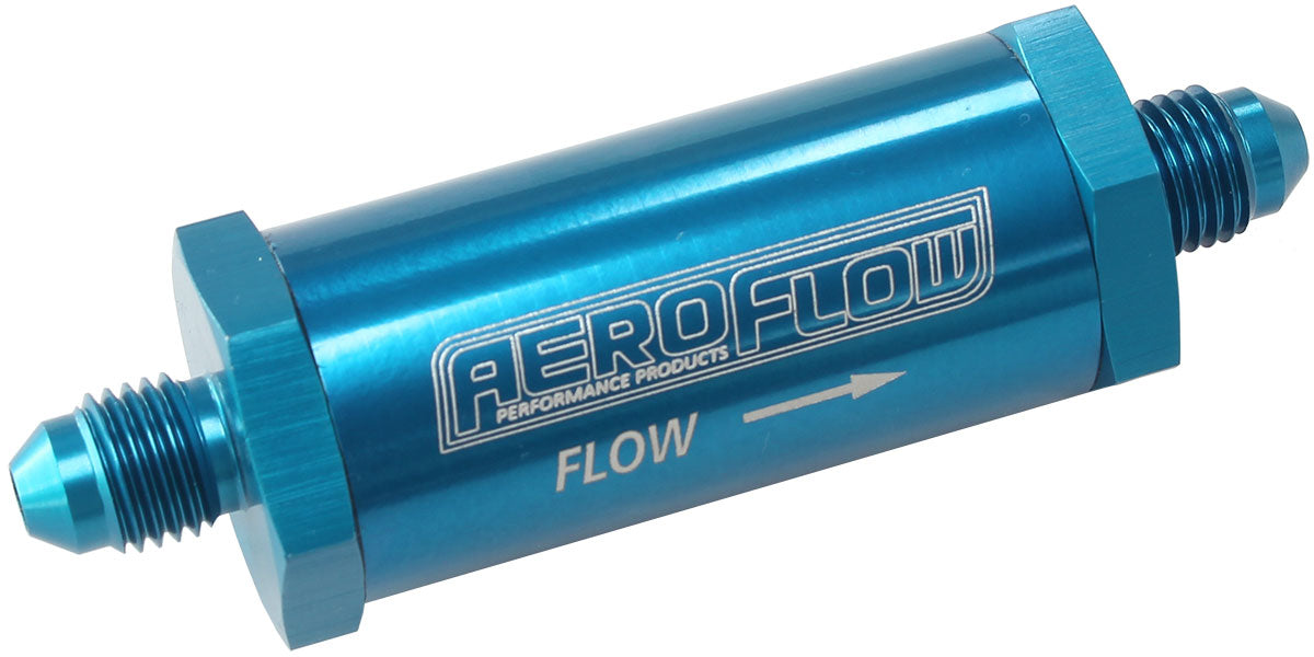 Long Inline Fuel & Oil Filter -4AN   Blue Finish. Includes 30 Micron Element, 3" Long, 1" O.D