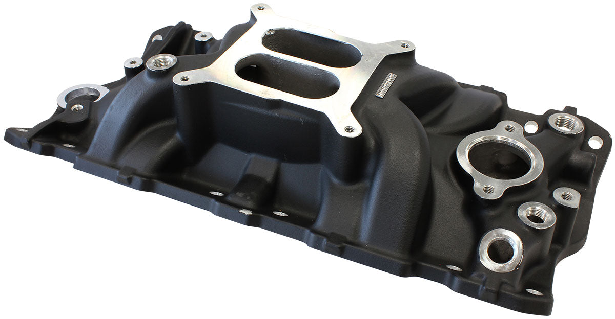 Small Block Chev Street Dual Plane Intake Manifold, Black Finish   1500 - 6500 RPM, Square Bore Carburettor Pad, Non-EGR