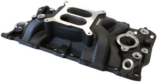 Small Block Chev Street Dual Plane Intake Manifold, Black Finish   1500 - 6500 RPM, Square Bore Carburettor Pad, Non-EGR